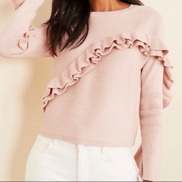 NWT Ann Taylor Pink Ribbed Ruffle Sweater Size Medium - Picture 1 of 8